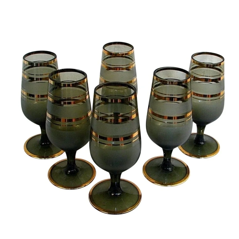 Vintage‎ Smoky Gray Gold Decanter Set 6 Cordial Glasses MCM Hollywood Regency